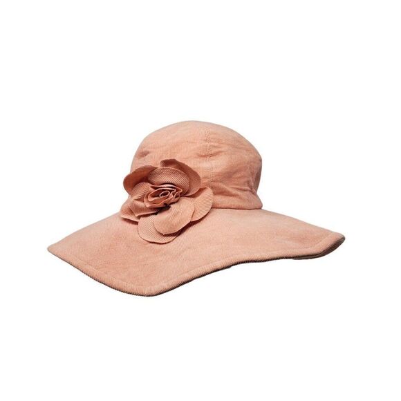 Vtg Betmar Peach Corduroy Wide Brim Sun Hat Flower Accent Cottagecore Feminine - Picture 1 of 9